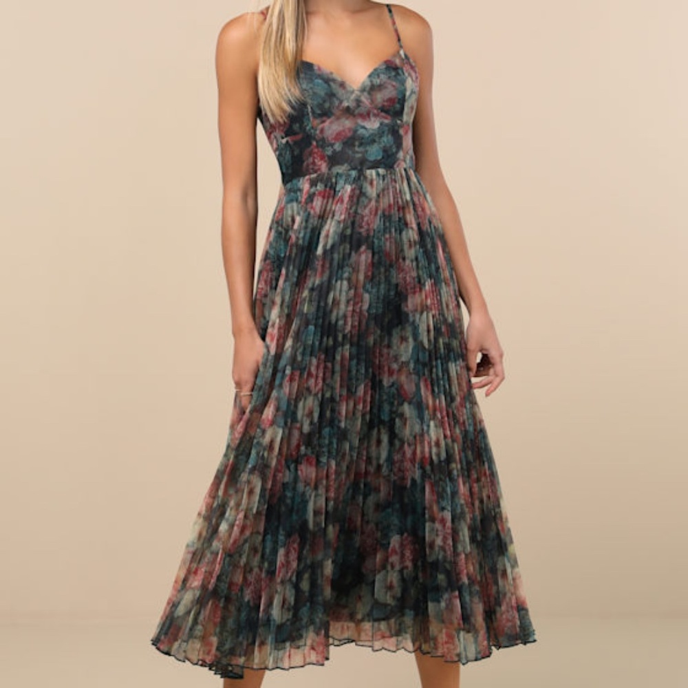 Lulus Alondra Dark Green Multi Floral Pleated Midi Dress - Size XXL
